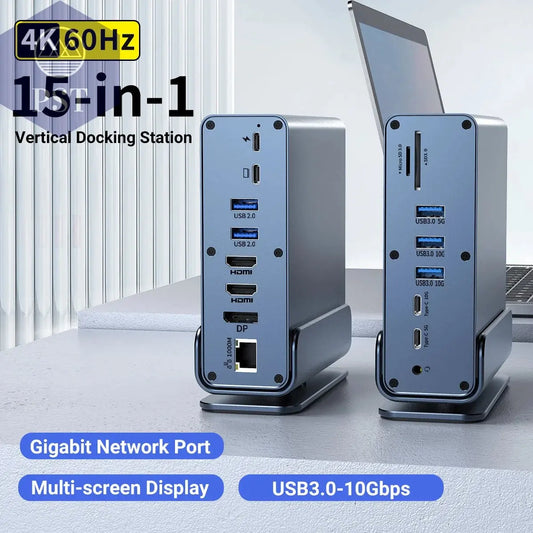15 in 1 USB-C Docking Station 4K HD Vertical Hub with Triple Monitor ,RJ45 1000M,USB 3.0/2.0,PD 3.0,Sd/Tf,Audio 3.5 PST PS Tradings