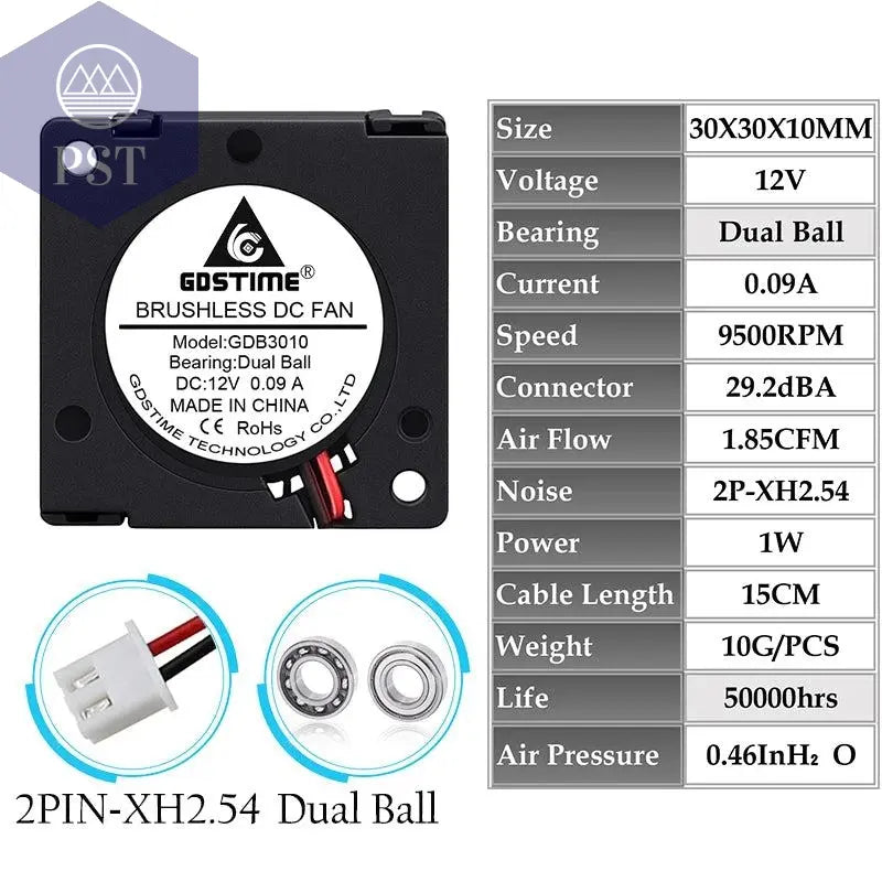 2 Pieces Gdstime DC 5V 12V 24V 30x30x10mm Sleeve Dual Ball 1 inch Small Mini Blower Cooling Fan 30mm x 10mm 3cm 3010 3D Printer PST PS Tradings