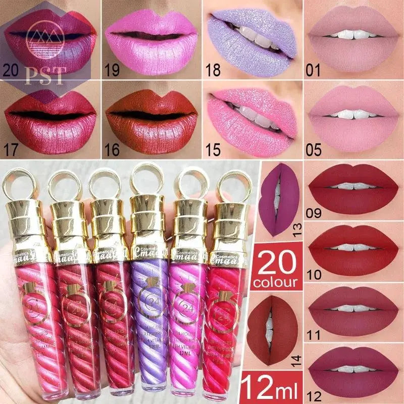 20 Colors Lipstick Waterproof Long Lasting Matte+Shimmer Mental Beauty Lip Gloss Nude Glitter Lip Gloss Beauty Sexy Lip Tint PST PS Tradings