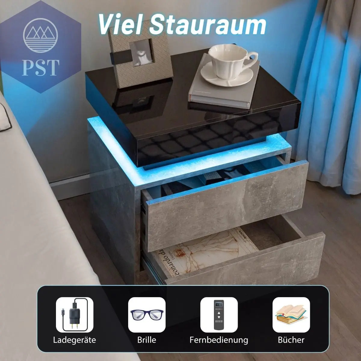 LED Nachttisch mit 2 Schubladen - Modernes Design PST PS Tradings Nachttisch PST PS Tradings PST PS Tradings LED Nachttisch mit 2 Schubladen - Modernes Design Nachttisch
