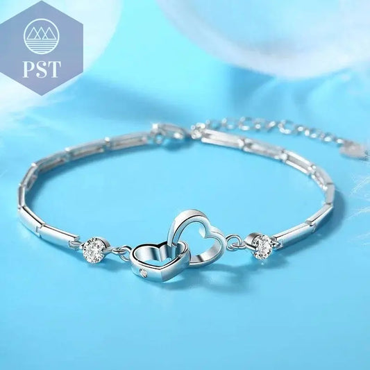 New Charms 925 Sterling Silver Bracelets Bangles for Women Valentine's Days Gift Cubic Zircon Double Heart Bracelet Jewelry - Property & Safety Tradings