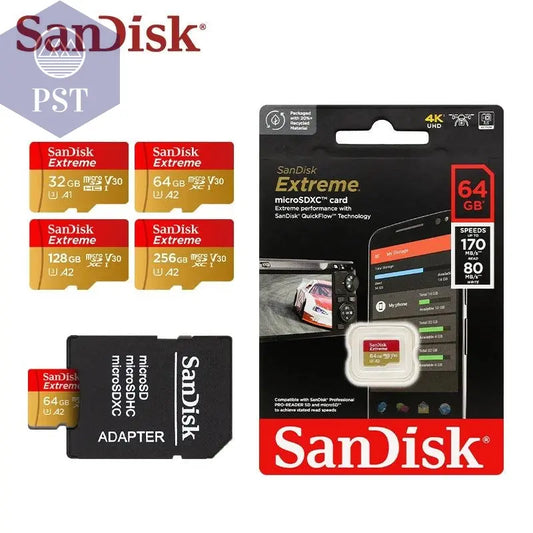 Sandisk Micro SD Card Original Extreme A2 V30 U3 SDXC Flash 32GB 64GB 128GB 256GB MicroSD Card 190MB/s TF Card for Phone Tablet - PST PS Tradings
