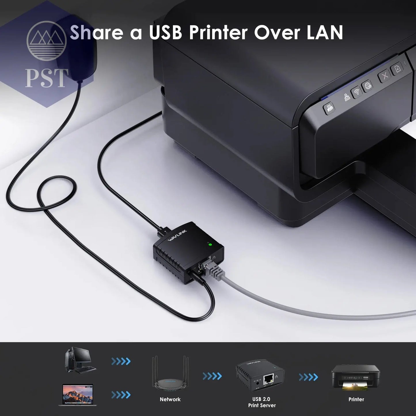Wavlink USB 2,0 LRP Teilen ein LAN Ethernet Vernetzung Drucker Power Adapter USB HUB 100Mbps netzwerk druck server UNS Electronics PST PS Tradings