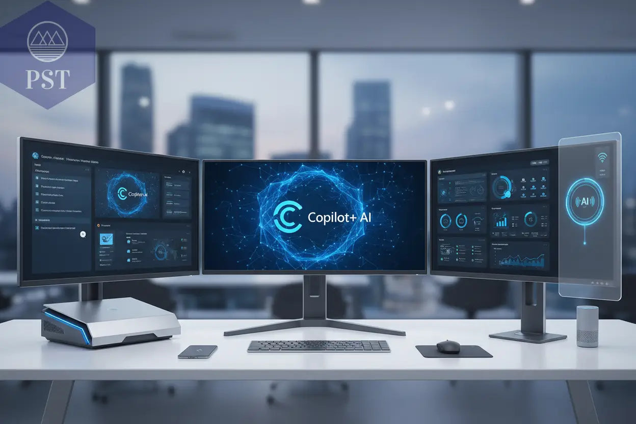Copilot-Desktop-PCs PS Tradings Copilot+ PC mit Ki optimierten Anwendungen auf mehreren Monitoren
