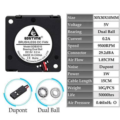 2 Pieces Gdstime DC 5V 12V 24V 30x30x10mm Sleeve Dual Ball 1 inch Small Mini Blower Cooling Fan 30mm x 10mm 3cm 3010 3D Printer       PST PS Tradings