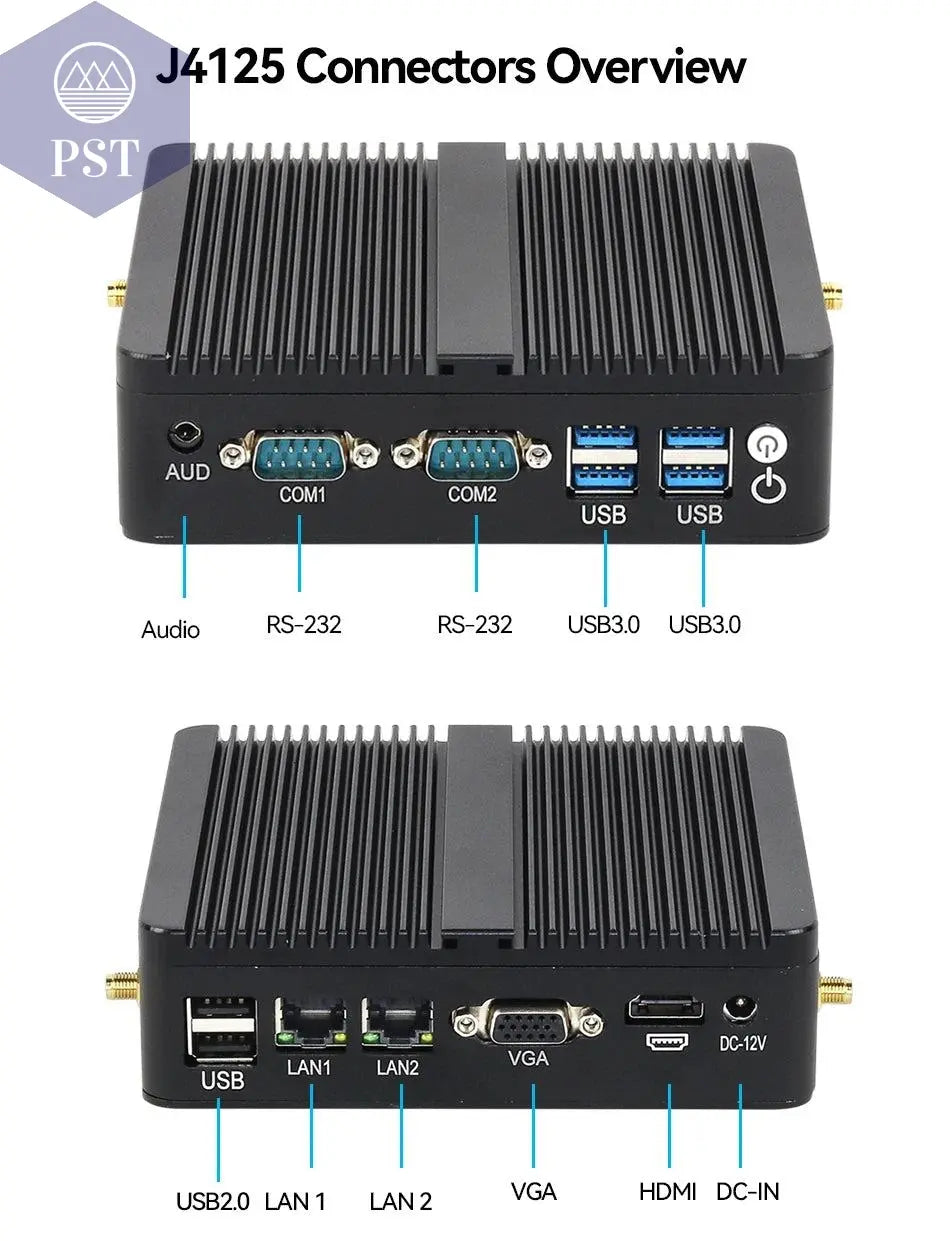 Fanless Mini PC Intel Celeron J4125 2x Gigabit LAN 2x RS232 HDMI VGA Mini PCIE WiFi/4G 4x USB Support Windows Linux -    PST PS Tradings