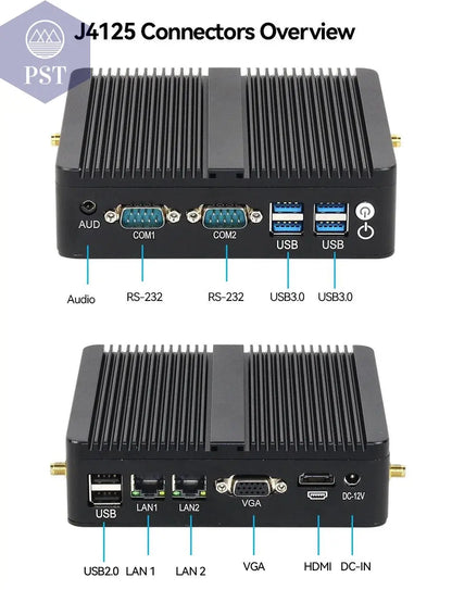 Fanless Mini PC Intel Celeron J4125 2x Gigabit LAN 2x RS232 HDMI VGA Mini PCIE WiFi/4G 4x USB Support Windows Linux -    PST PS Tradings