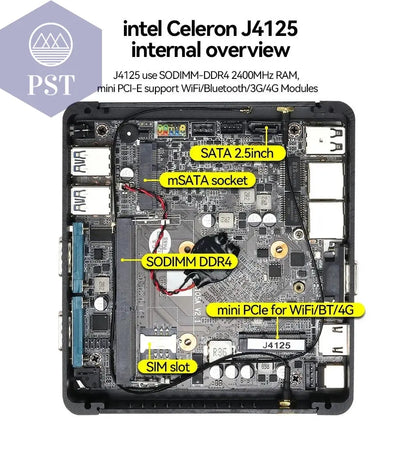 Fanless Mini PC Intel Celeron J4125 2x Gigabit LAN 2x RS232 HDMI VGA Mini PCIE WiFi/4G 4x USB Support Windows Linux -    PST PS Tradings